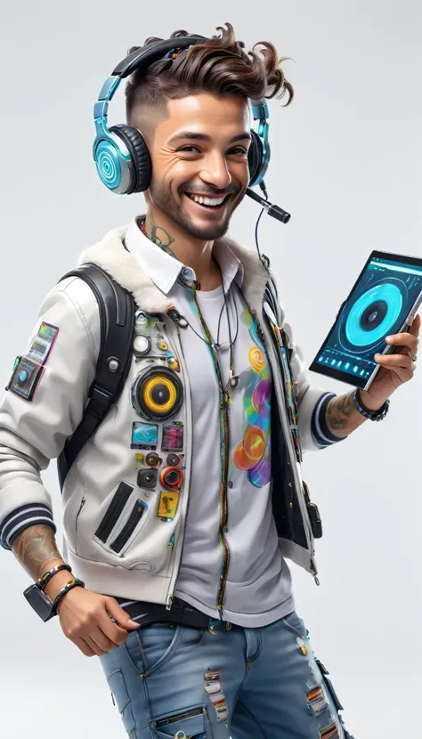 BRAZILIAN man brunette HAIR adult dressed in urban clothes, on a white background, ele é disc jockey, modern sophisticated equipment, you play records, and is PLAYING and DANCING his music and holographic signs, HAPPY on the road. are drinking and laughing...