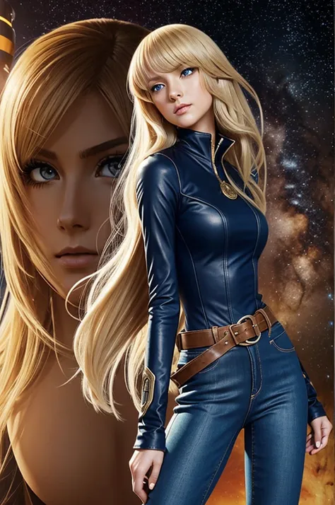 Anime style female character inspired by vintage space opera aesthetics, with elongated facial features, 165 cm tall, having blond, waist-length, wavy hair with V bangs, and blue eyes. She is wearing tight skinny jeans with high boots over them, adding an ...