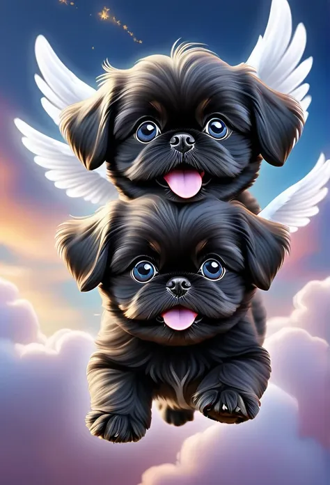 2 cute black shih tzu puppies flying through the sky, playful and joyful, adorable puppy with fluffy fur, big blue eyes and happ...