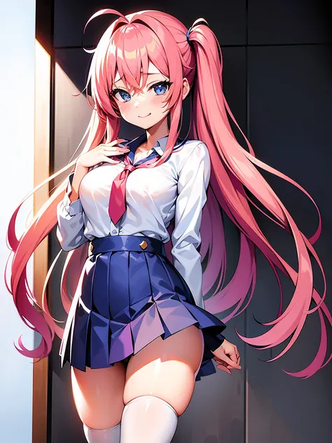 Young and cute anime style girl with long pink hair tied in two tails with blue ribbons. Big, expressive blue eyes and a mischievous smile. Small and slender build, with considerable bust and light skin. CLOTHES: White buttoned shirt with red tie, navy blu...