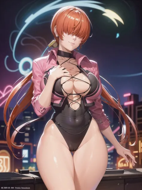 (at night), in a video game scene with a neon background and a neon light, standing at attention, pink suit, pink jacket, choker, neckline, cut of clothing, earrings, has long bangs in her hair that covers eyes ((hair over eyes)), 1 girl, 20 years old, you...