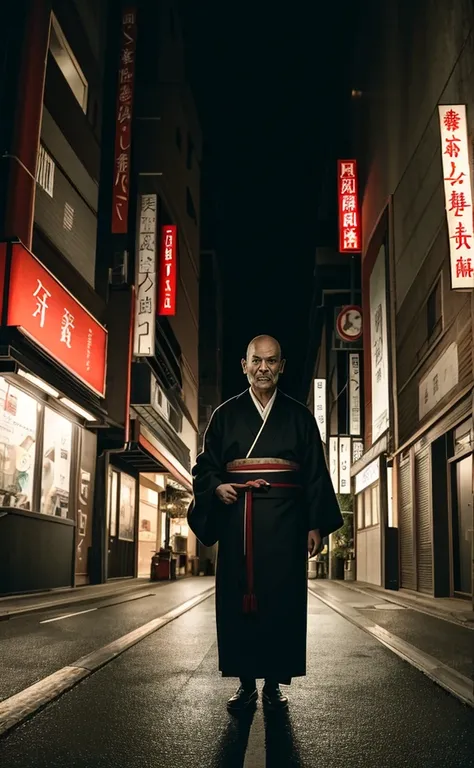 Full Body Shot、8k、Ultra HD、Horror-themed movie stills,Standing eerily in the middle of the city at night、A short, skinny, bald old man wearing a traditional Japanese kimono with narrow eyes and a large head、