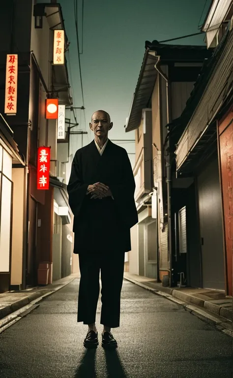 Full Body Shot、8k、Ultra HD、Horror-themed movie stills,Standing eerily in the middle of the city at night、A short, skinny, bald old man wearing a traditional Japanese kimono with narrow eyes and a large head、