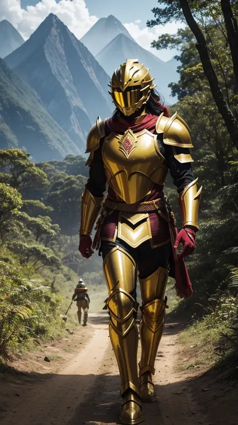 Arung Palakka wears brighter warrior attire, such as red and gold, with light armor and a helmet reflecting his strength and status.walking through a forest, followed by a few followers. The background shows forest and mountains.