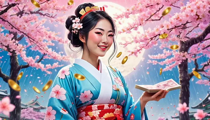 A whimsical, surreal scene featuring a devilishly charming Japanese nurse with an impish grin, adorned in a traditional kimono infused with modern medical accessories. She stands in an enchanting, dreamlike hospital setting filled with floating cherry blos...