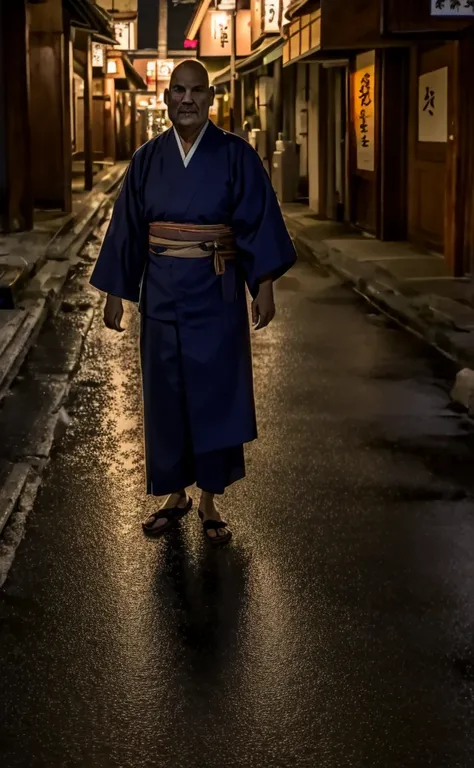 Full Body Shot、8k、Ultra HD、Horror-themed movie stills,Standing eerily in the middle of the city at night、A short, skinny, bald old man wearing a traditional Japanese kimono with narrow eyes and a large head、