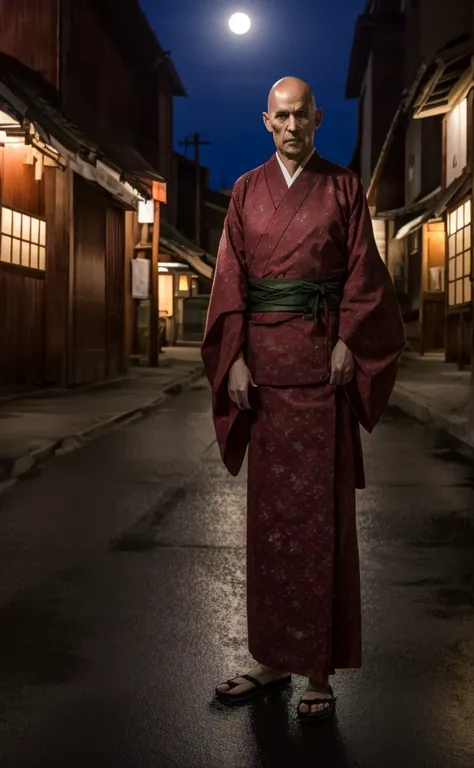 Full Body Shot、8k、Ultra HD、Horror-themed movie stills,Standing eerily in the middle of the city at night、A short, skinny, bald old man wearing a traditional Japanese kimono with narrow eyes and a large head、