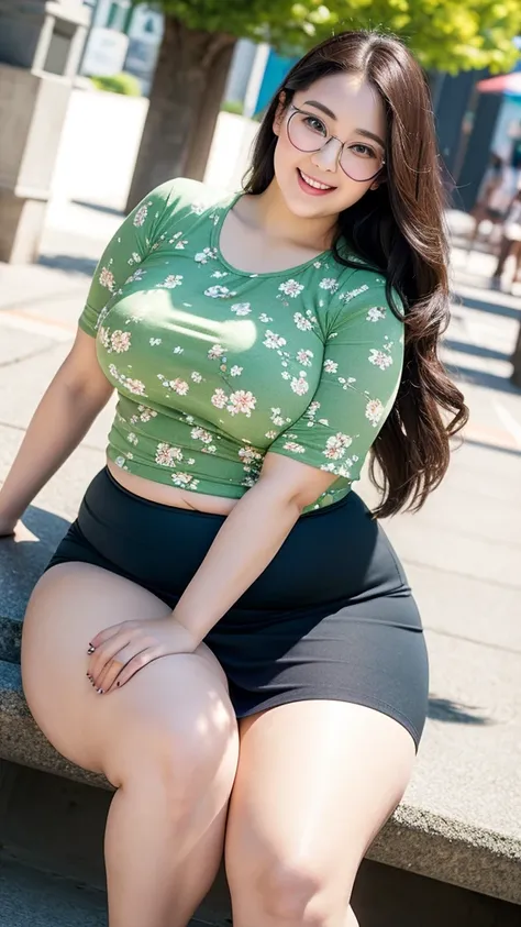 height 1.85 meters，smiling fat woman ，oval face，wear glasses，大long legs， wearing a loose green floral shirt and skirt，  thin wai...