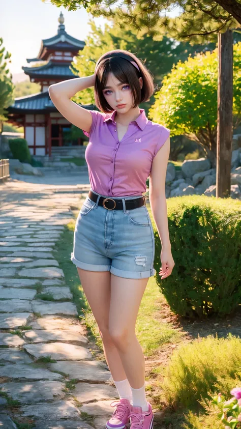 1 woman, grown woman, woman in her 30s, tarankaaa, NOT DASHA TARAN, full body standing, perfect body, best quality, 32k, photograph, full body (head to toe), tone mapping, ((houjou satoko,short hair,black hairband,blonde hair,violet eyes,hair between eyes,...