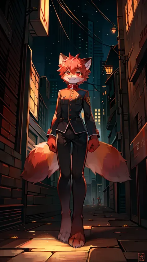 Red Panda Boy,8k resolution,Furry,          Uniform attire,Red collar,feetは二つ,feetで立つ！                   towering,lanky,lanky,：slim body,：tall hands,feet,Its bright outside,Collapsed City,building,broken,・split arms,・bad anatomy,・bad body,