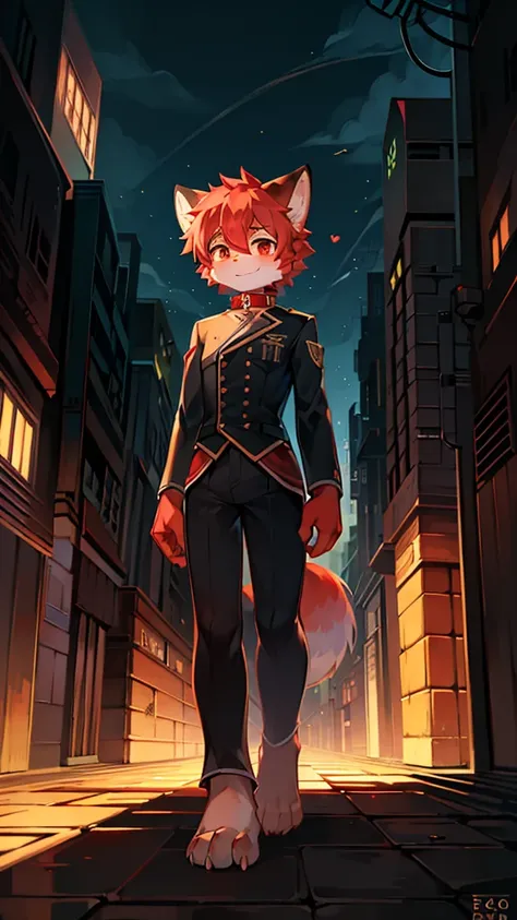 Red Panda Boy,8k resolution,Furry,          Uniform attire,Red collar,feetは二つ,feetで立つ！                   towering,lanky,lanky,：slim body,：tall hands,feet,Its bright outside,Collapsed City,building,broken,・split arms,・bad anatomy,・bad body,