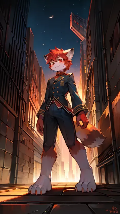 Red Panda Boy,8k resolution,Furry,          Uniform attire,Red collar,feetは二つ,feetで立つ！                   towering,lanky,lanky,：slim body,：tall hands,feet,Its bright outside,Collapsed City,building,broken,・split arms,・bad anatomy,・bad body,