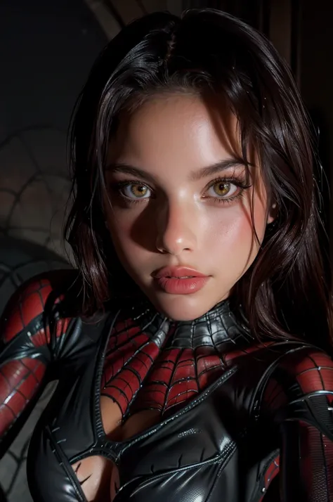 Emilia Mernes as Spider-Man, wearing swimsuit, beautiful detailed eyes, beautiful detailed lips, extremely detailed eyes and face, long eyelashes, tanned skin, slender figure, seductive pose, spiderweb pattern, dynamic action, dramatic lighting, cinematic,...