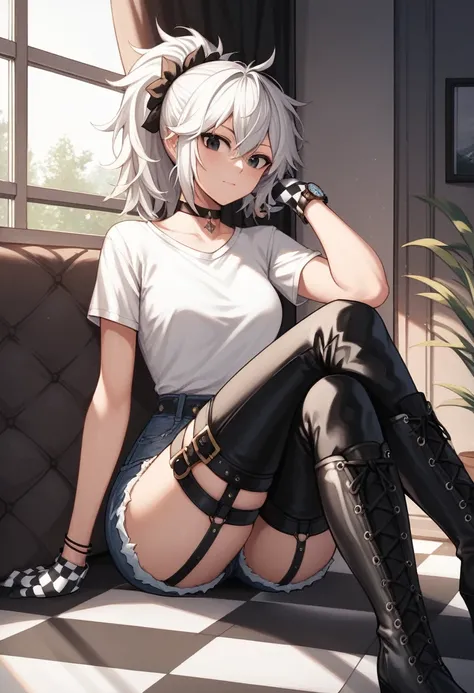 score_9, score_8_up, score_7_up, score_6_up, score_5_up, score_4_up, source_anime, 1 teen girl, white hair, ponytail, black eyes, crossed legs, messy hair, white shirt, jeans shorts, leather, bracelet, checkered gloves, thigh high boots, emotion, evening, ...