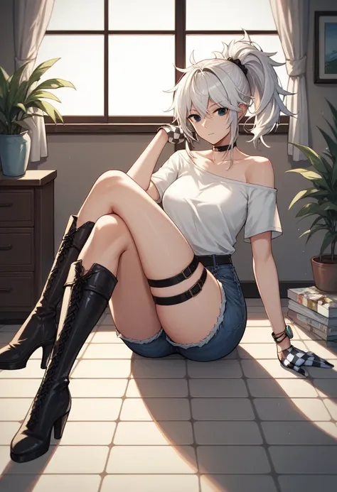 score_9, score_8_up, score_7_up, score_6_up, score_5_up, score_4_up, source_anime, 1 teen girl, white hair, ponytail, black eyes, crossed legs, messy hair, white shirt, jeans shorts, leather, bracelet, checkered gloves, thigh high boots, emotion, evening, ...