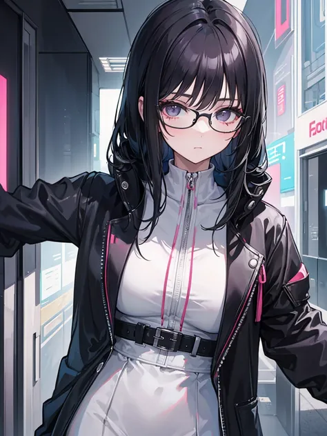 (Masterpiece, best quality), 1 girl, black hair, glasses, cyberpunk, alone, high waist, sexy appearance