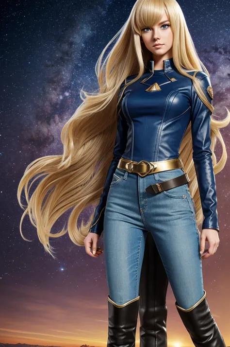 Anime style female character inspired by vintage space opera aesthetics, with elongated facial features, 165 cm tall, having blond, waist-length, wavy hair with V bangs, and blue eyes. She is wearing tight skinny jeans with high boots over them, adding an ...