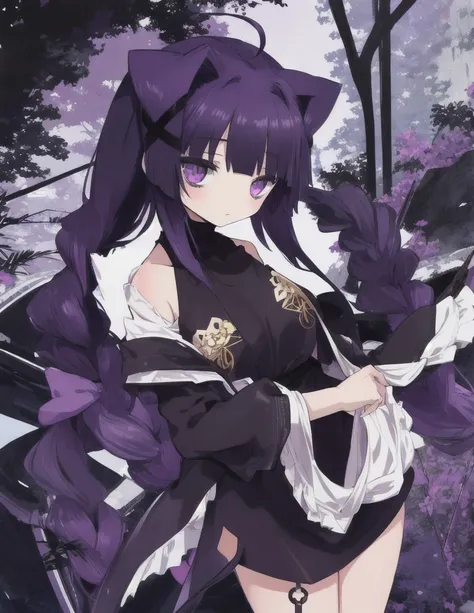 young woman with long, flowing black hair that has purple highlights. She has deep violet eyes and a serene expression.She has rectangular body figure and short body stature. She is wearing an elegant black outfit. 