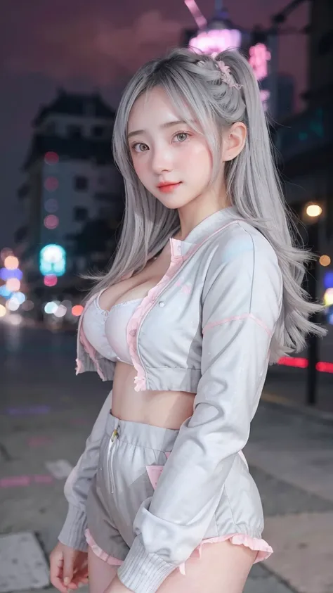 1 Girl, Beautiful, Baby Face, 20 Years Old, White Skin, Colossal Breasts, Sexy Pose, Pastel Colour Anime Outfit Coatumes, ((Pastel Colout Outfit)), ((Grey Eye)), Muscles, Bokeh, Chinese Street Background, Masterpiece, ((Night)), Pink Pastel Colour