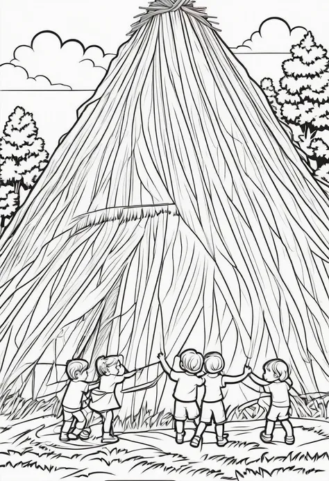 coloring page for kids, Large haystack with children playing, thick lines