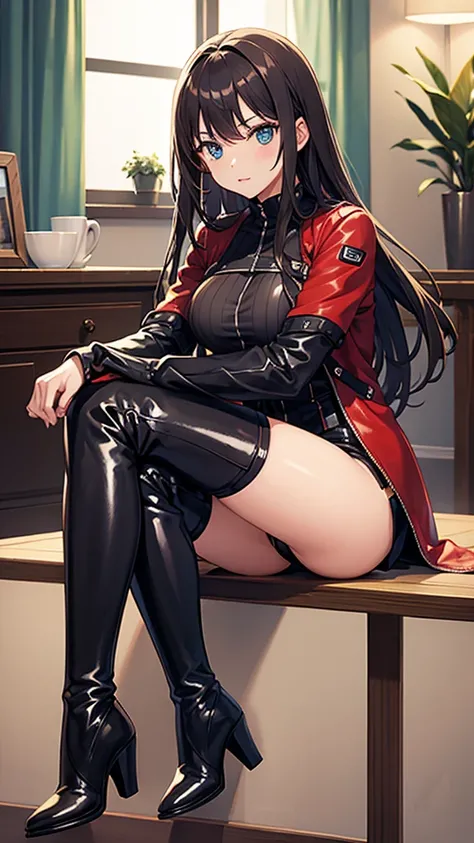 Girl in thigh-high boots, sitting in the room