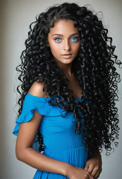 ablack girl with super very very long curly hair and blue eyes