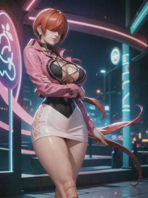 (at night), in a video game scene with a neon background and a neon light, standing at attention, pink suit, pink jacket, choker, neckline, cut of clothing, earrings, has long bangs in her hair that covers eyes ((hair over eyes)), 1 girl, 20 years old, you...