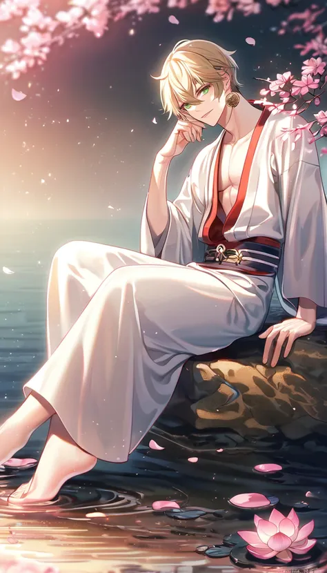 (absurd, highres, ultra detailed, HDR), masterpiece, best quality, perfect face, fine features, bright green eyes, solo, male, handsome, Taishakuten, ash blonde hair, hair between eyes, white tunic, chest, lotus earrings, onmyoji , pink petals, pink butter...