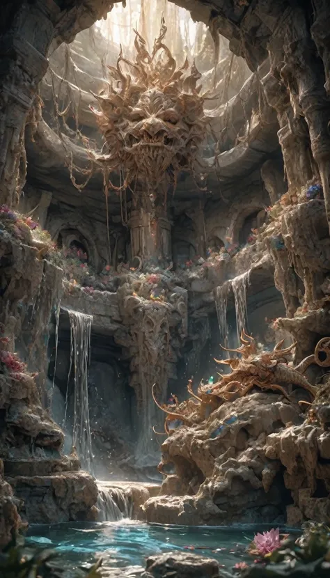 Grotto Room，（（（Full of crystals）））Dragons，Water flow，The light is very dark，Magik（（（Horror atmosphere）））（（（​masterpiece）））， （（best quality））， （（Intricate detailing））， （（surrealism））（8K）