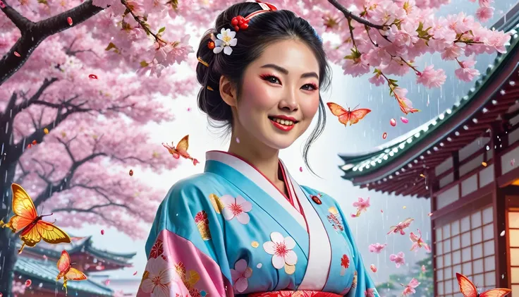 A whimsical, hyper-realistic scene featuring a devilishly charming Japanese nurse with an impish grin, adorned in a traditional kimono infused with modern medical accessories. She stands in an enchanting, dreamlike hospital setting filled with floating che...