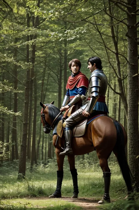 A knight on a horse talking to a jester in the forest anime style