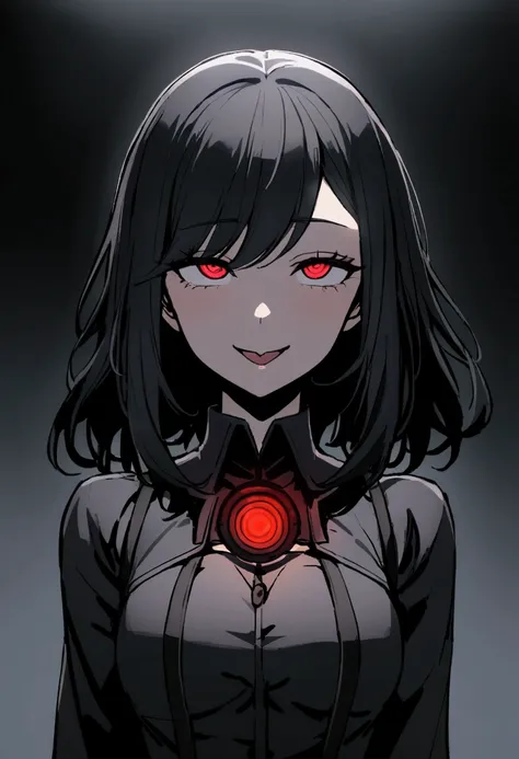 1girl, dark setting, cinematic lighting, hypnosis, mind control, arms at sides, facing viewer, [ahegao], smile, blank stare, red eyes, long black hair