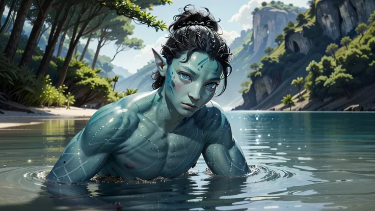 ((ultra detailed, masterpiece, absurdres))
AvAonung, 1boy, blue skin, blue eyes, black hair, looking at viewer, portrait, in a lake