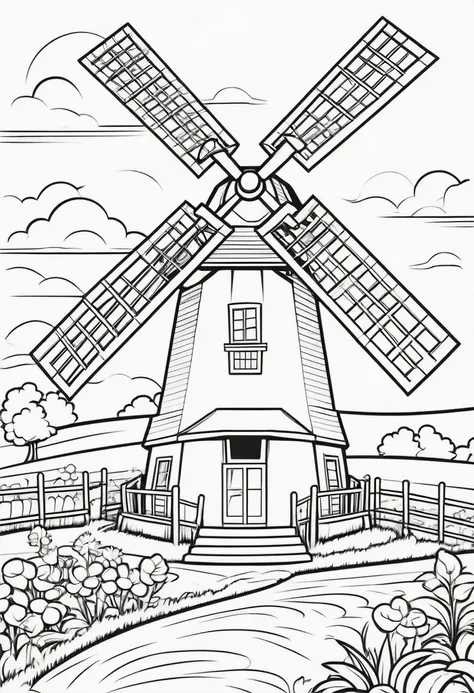 coloring page for kids, Windmill on the farm, cartoon style, thick lines