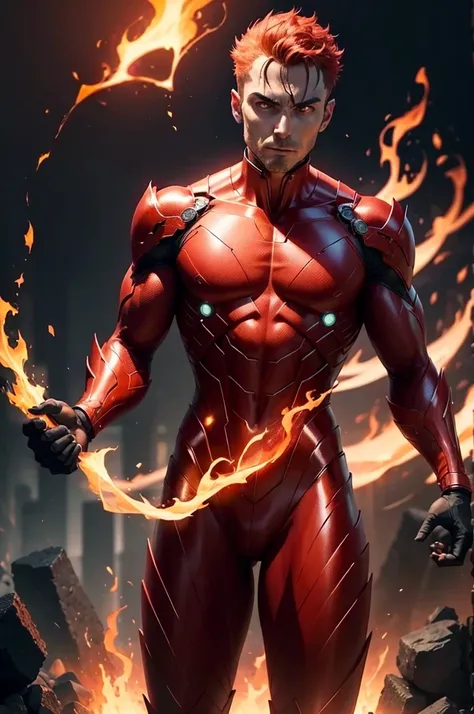 a man with glowing eyes and a red suit standing in front of a fire, incredible background, human torch, glowing red veins, radiating power, avatar image, glowing red veins, glowing bright veins, cyberpunk flame suit, 8 k very detailed ❤🔥 🔥 💀 🤖 🚀, glowing v...