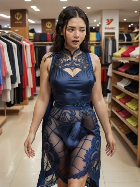 (16k, Best quality : 1.4, UHD, highest resolution, perfect quality : 1.3, sharp, detailed, medium shot : 1.9, )), (1girl : 1.9, fat futanari walking through clothing store : 1.4, ORGASM EXPRESSION, (wearing elaborately detailed intricate detailed formal ou...