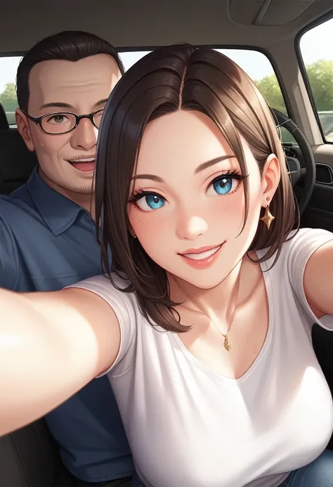 Selfie of a 21-year-old girl in a flirty and cute dress sitting next to an 85-year-old man, They are both inside a truck., They are inside a luxury car.., background inside a car, he is very ugly, selfie inside the car.