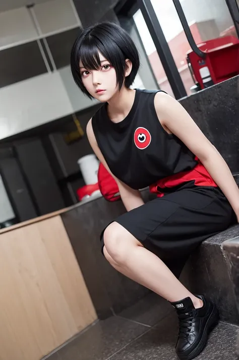 Anime Black hair Boyish short cut Red eyes Full body