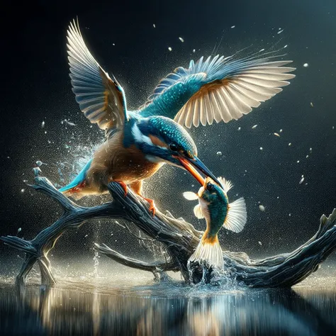 painting of a kingfisher catching a fish in the water, birds f cgsociety, beautiful digital artwork, 4k highly detailed digital art, by Alexander Kucharsky, amazing digital art, 8k stunning artwork, 3d digital art 4k, stunning artwork, incredible digital a...