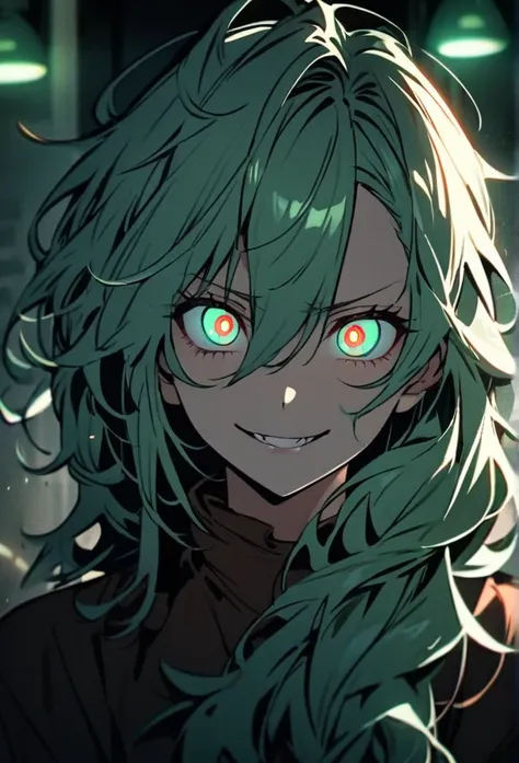 Handsome, solo, 1 girl, light green hair, cyan eyes, 1 girl, beautiful, long hair, detailed, Messy Hair, Hair Over Shoulder, Glowing Light, Bright Pupils, Smirk, Wide-Eyed, Evil Smile, Amber Eyes, 