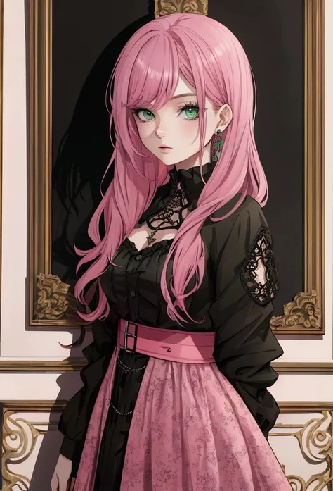 ((Artwork, high quality)), (20-year-old female teenager), (pink hair), (green eyes), (wearing casual gothic clothing).