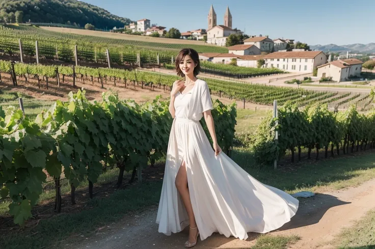 8k best picture quality, Beautiful 36-year-old Korean woman, Northern Italian countryside vineyard production area, View of the cathedral next to the vineyards, The back background is realistic and vivid quality., short medium hair, A luxury brand white T-...