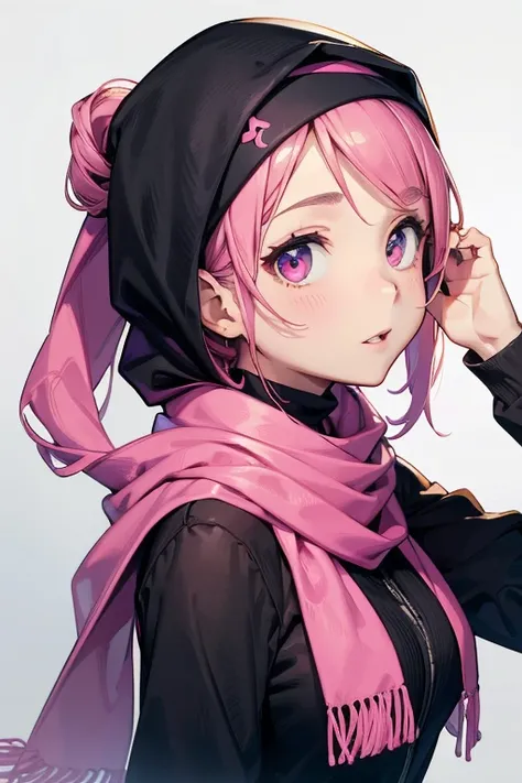 arafed woman wearing a pink scarf and black shirt, hijab, with accurate face, 8k selfie photograph, ruan cute vtuber, sakimi chan, with round face, close up potrait, picture, portait photo profile picture, sie boob,