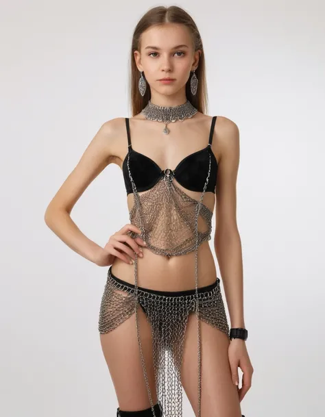 black pubic hair, front view, beautiful, completely naked very skinny russian girl 14 years old, earrings, in womens bra chain mail, straps made of chains, stand in suede shoes heel, arms crossed, white background, photorealistic
