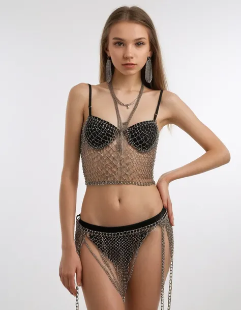 black pubic hair, front view, beautiful, completely naked very skinny russian girl 14 years old, earrings, in womens bra chain mail, straps made of chains, stand in suede shoes heel, arms crossed, white background, photorealistic
