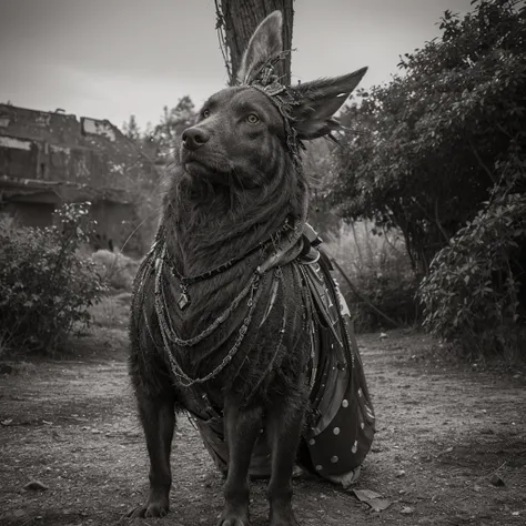 A captivating, high-contrast black and white photograph with striking red, green, and yellow accents. The image, captured by the talented André Uhlisch for National Geographic, features a vibrant, old seestar, dressed in a glistening, elaborate costume. Th...