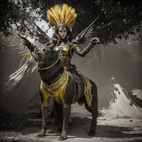 A captivating, high-contrast black and white photograph with striking red, green, and yellow accents. The image, captured by the talented André Uhlisch for National Geographic, features a vibrant, old seestar, dressed in a glistening, elaborate costume. Th...