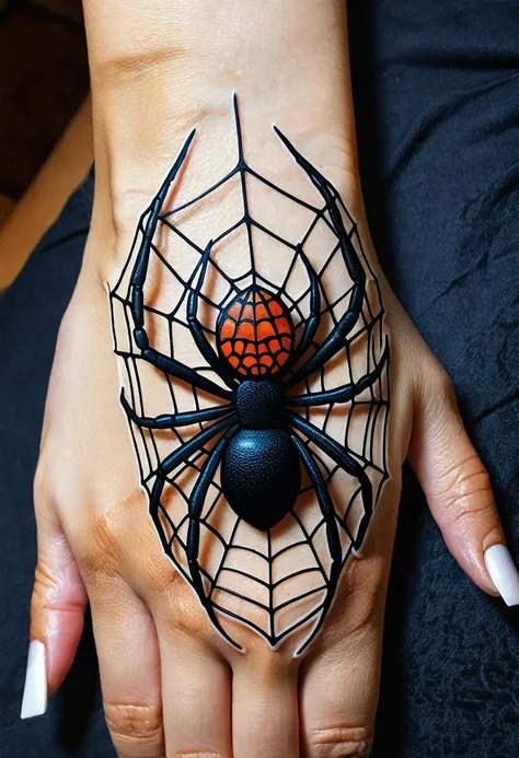 tattoo (12cmx12cm) neotribal style with fine and delicate lines, female in hand with black widow spider theme in spider web, even if the spider is small.