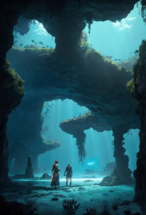 Aloy Horizon, Zero Dawn, A mysterious underwater city with bioluminescent plants and animals, hidden in an underwater cave, illuminated by soft light, creating an atmosphere of magic and mystery highly detailed, extremely detailed, photorealistic, high det...