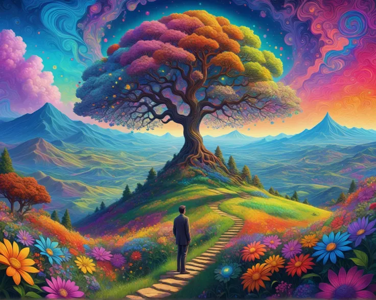 a painting of a man standing on a hill with a tree and flowers, ai enhanced digital art, an ai generated image, digital art picture, psychedelic landscape, large colorful images, ai assisted digital painting, psychedelic surreal art, best ai image, color i...